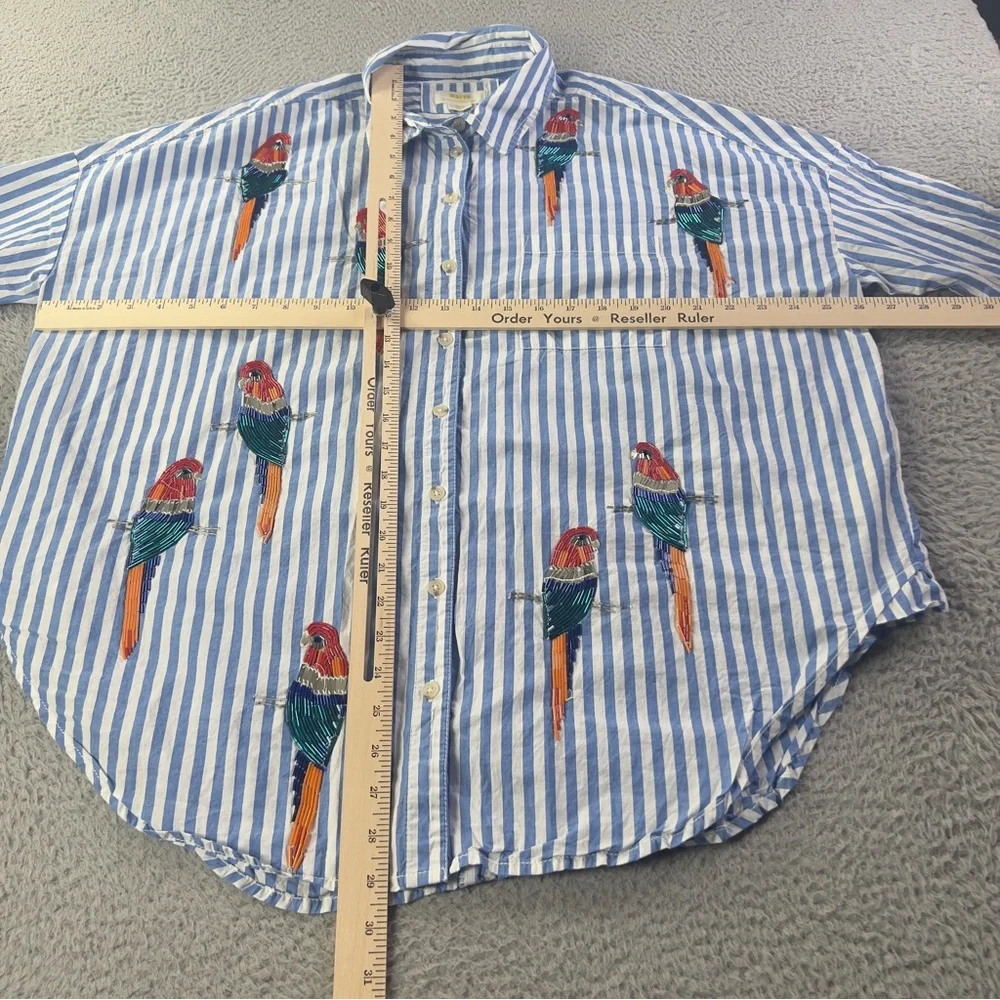 Maeve Parrot Button Down Shirt Womens XS / S Blue White Striped Sequin Oversized - Picture 6 of 9